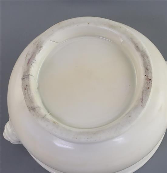 A Chinese Dehua blanc de chine censer, gui, 17th/18th century, W. 14cm, restored, wood cover and stand
